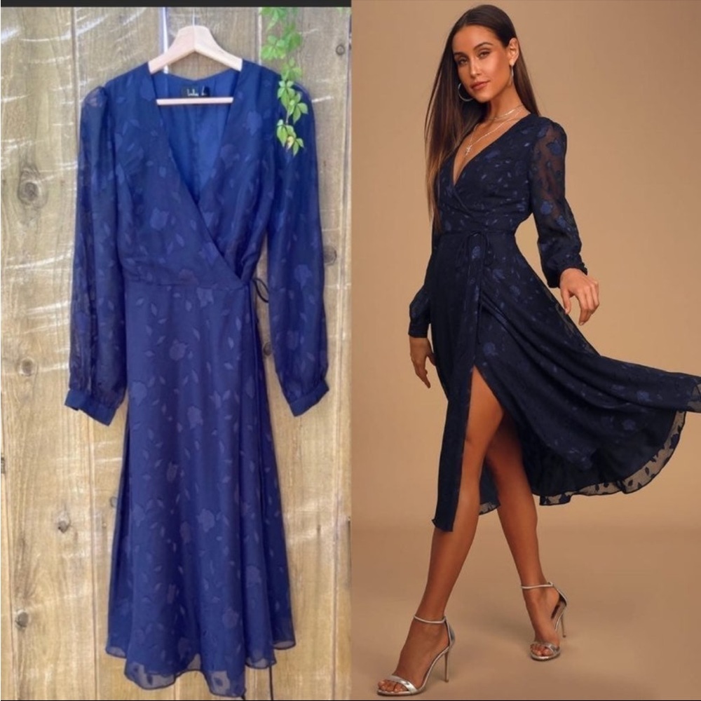 Navy Blue Floral Jacquard Chiffon Wrap Longsleeve Midi Dress